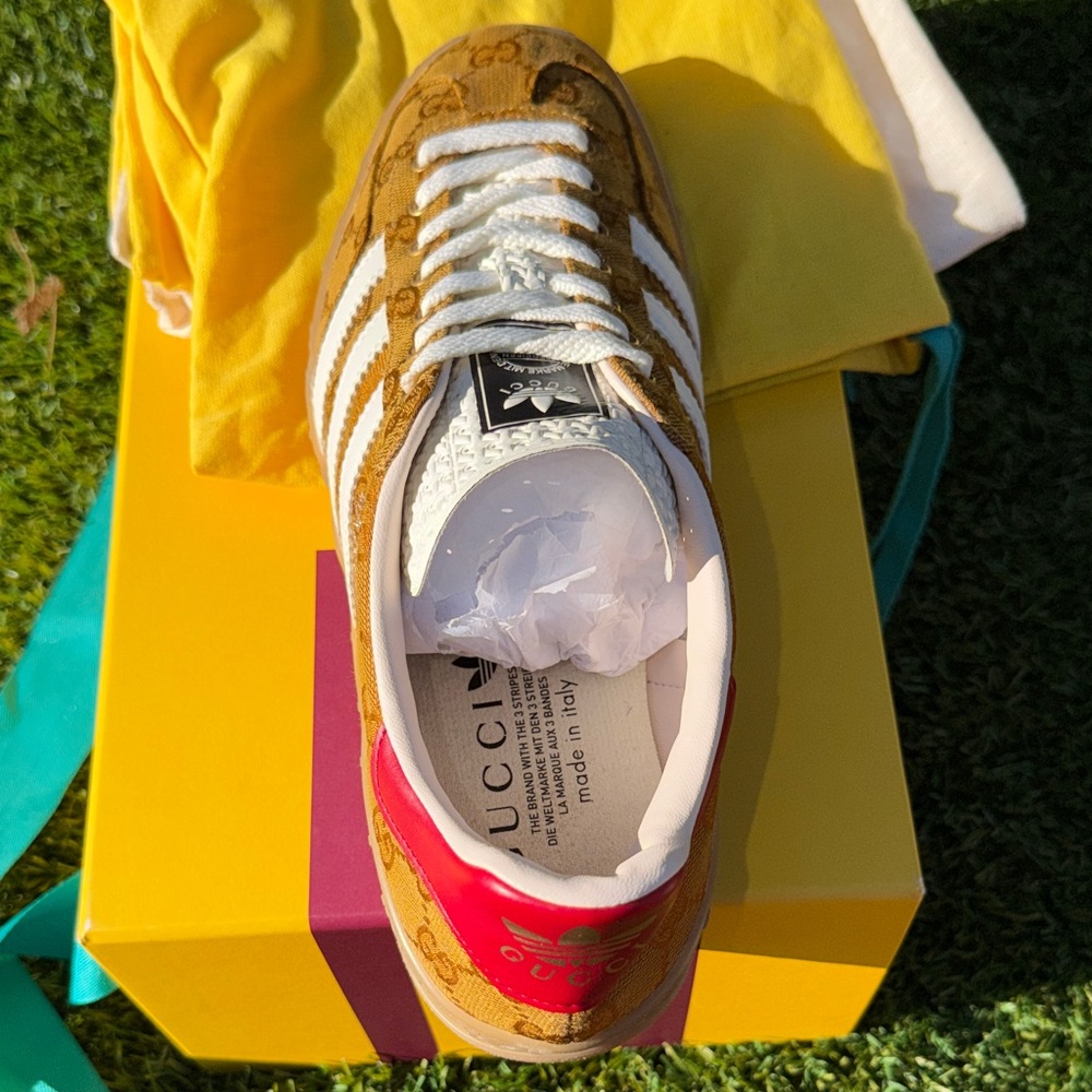 EUC - Adidas x Gucci - Gazelle Original GG Canvas Beige & Brown Sneakers Sz 10.5 - Picture 6 of 11